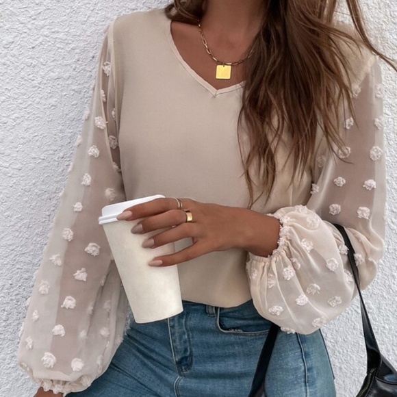 Boho Dusty Blue Swiss Dot Sheer Sleeve V neck Top Minimalist - Picture 9 of 12